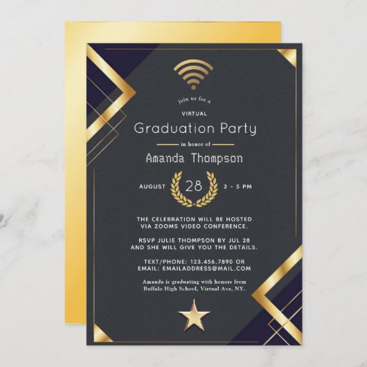 Black & Gold Virtual Graduation Party-Zertifikat Einladung (Vorne/Hinten)