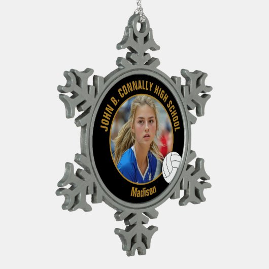 Black Gold Volleyball Player Photo High School Schneeflocken Zinn-Ornament (Links)