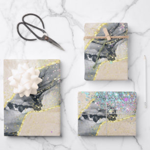 Black Gold Watercolor Alkohol Tinte Funkelnd Glitz Geschenkpapier Set