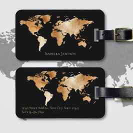Black Gold Watercolor Weltkarte Personalisiert Gepäckanhänger