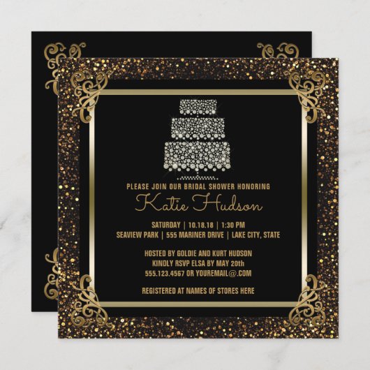 Black Gold Wedding Cake Brautparty Elegante Einladung (Vorne/Hinten)