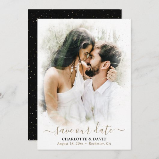 Black Gold Wedding Foto Rette unsere Date Card Save The Date (Vorne/Hinten)