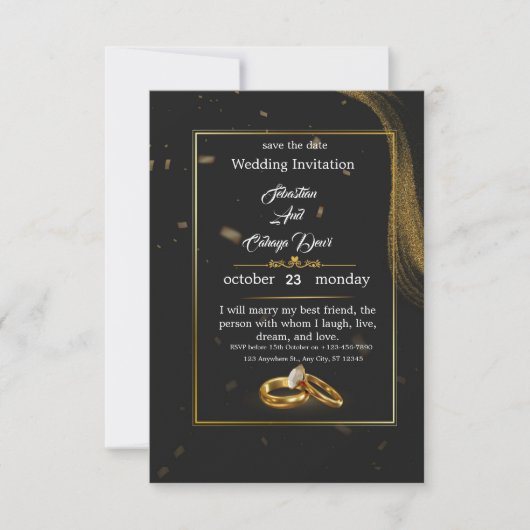 	Black Gold Wedding Invitation Einladung (Vorderseite)