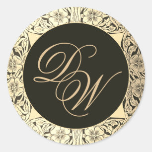Black Gold Wedding Monogram Vintag Elegant Floral Runder Aufkleber