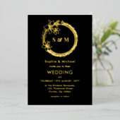 Black Gold Wedding Monogram Wreath Folieneinladung (Stehend vorne)