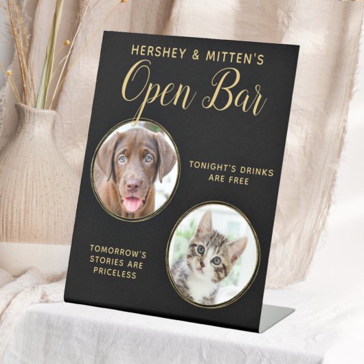 Black Gold Wedding Pet Hund Open Bar Custom 2 Foto Sockelschild