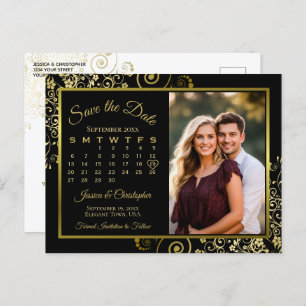 Black & Gold Wedding Save the Date Calendar Foto Ankündigungspostkarte