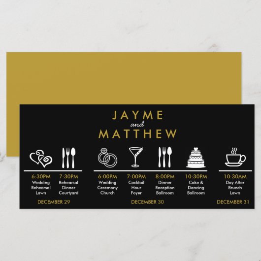 Black Gold Wedding Timeline Begrüßungszettel (Vorne/Hinten)