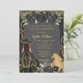Black Gold Western Horse Floral Charra Quinceañera Einladung (Stehend Vorderseite)