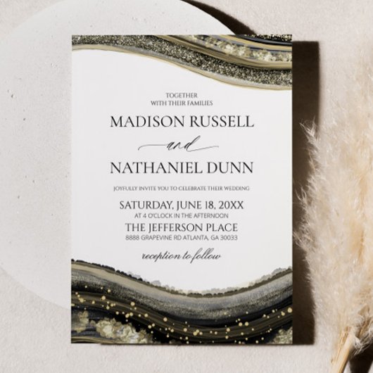 Black Gold White Agate Elegant Wedding Einladung