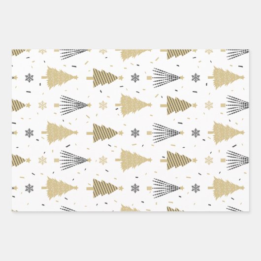 Black Gold White Christmas Tree Weihnachtsmuster Geschenkpapier Set (Vorderseite)