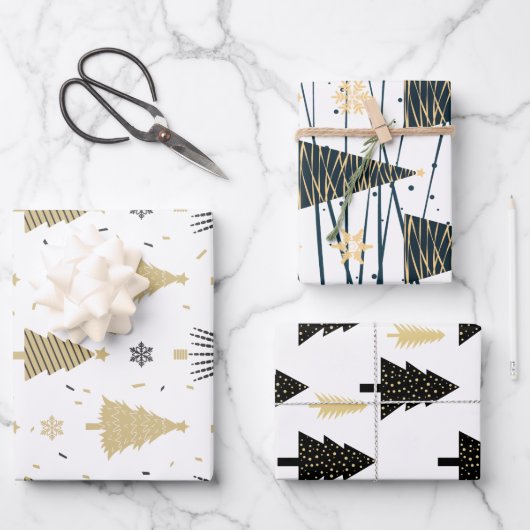 Black Gold White Christmas Tree Weihnachtsmuster Geschenkpapier Set (Vorderseite)