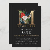 Black Gold White Floral Letter Einladung (Vorne/Hinten)