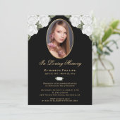 Black Gold White Floral Memorial Service Foto Einladung (Stehend Vorderseite)
