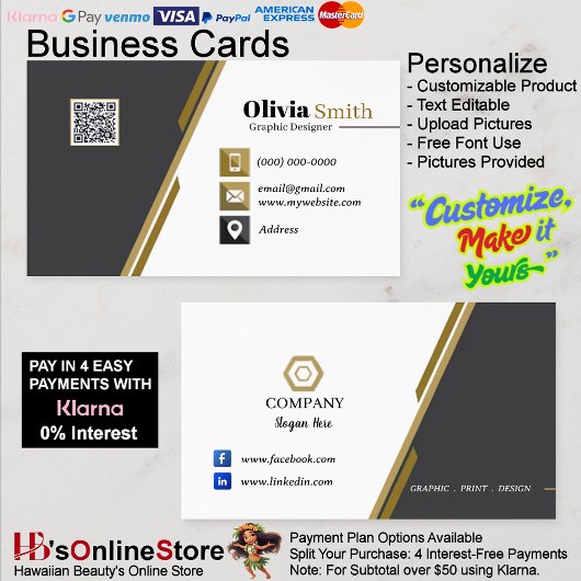 Black Gold & White QR Code Business Cards 33 Pack Visitenkarte