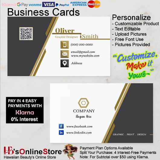 Black Gold & White QR Code Business Cards 34 Pack Visitenkarte