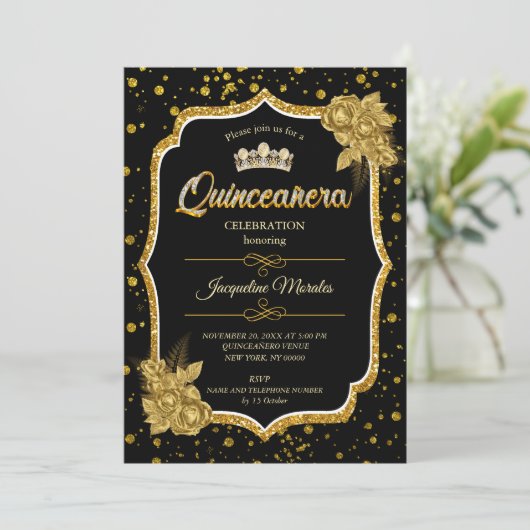 Black Gold & White Quinceañera Birthday Einladung (Stehend Vorderseite)