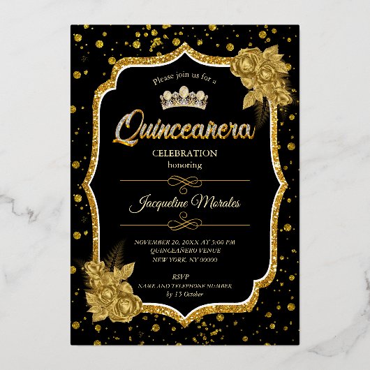 Black Gold & White Quinceañera Birthday Einladung (Vorderseite)