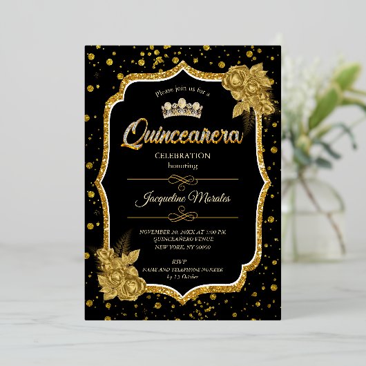 Black Gold & White Quinceañera Birthday Einladung (Stehend vorne)