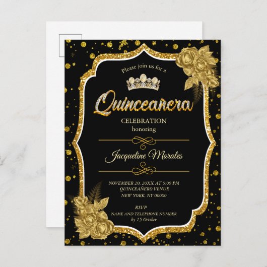 Black Gold & White Quinceañera Birthday Einladung (Vorne/Hinten)