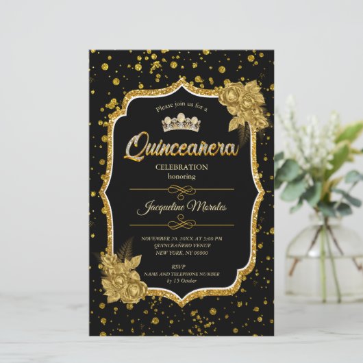 Black Gold & White Quinceañera Birthday Einladung Briefpapier (Stehend Vorderseite)