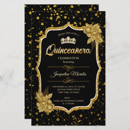 Black Gold & White Quinceañera Birthday Einladung Briefpapier (Vorne/Hinten)