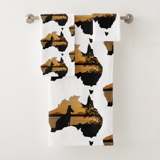 Black, Gold & White Sunset Kangaroo Tree Australie Badhandtuch Set (Insitu)