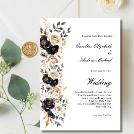 Black Gold White Watercolor Floral Elegant Wedding Einladung