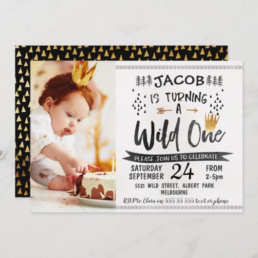 Black Gold Wild One Foto Einladung zum 1. Geburtst (Vorne/Hinten)