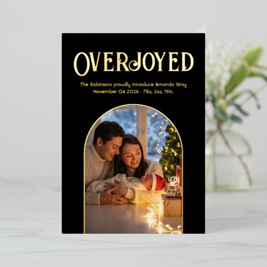 Black & Gold Xmas Baby Birth Ankündigung Foto (Stehend vorne)