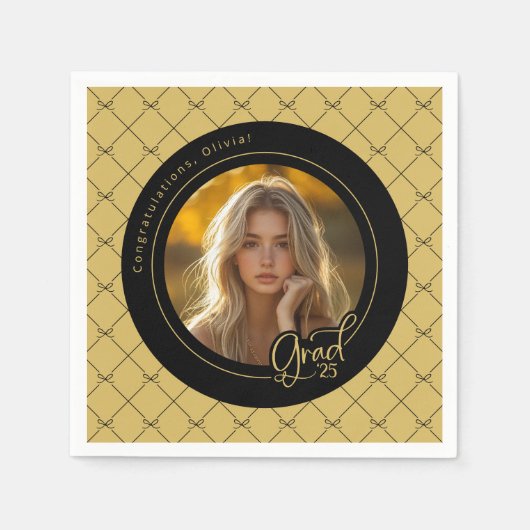 Black Gold Yellow Foto Graduation Party Paper Serviette (Vorderseite)