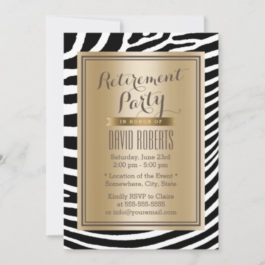 Black & Gold Zebra Stripes Modern Retirement Party Einladung (Vorderseite)