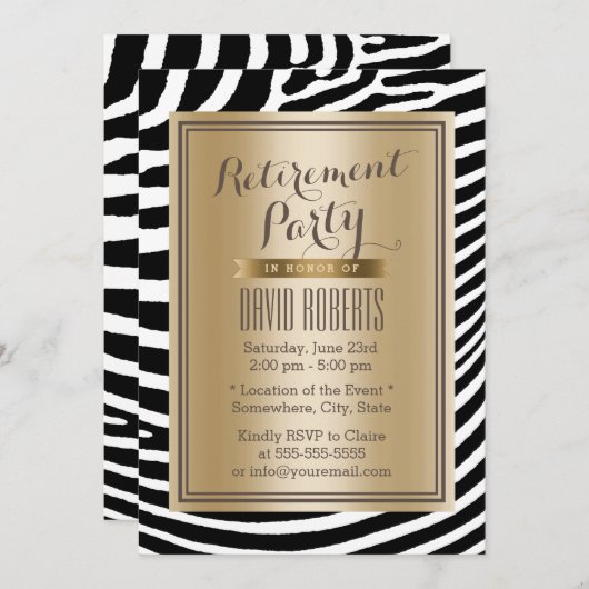 Black & Gold Zebra Stripes Modern Retirement Party Einladung (Vorne/Hinten)
