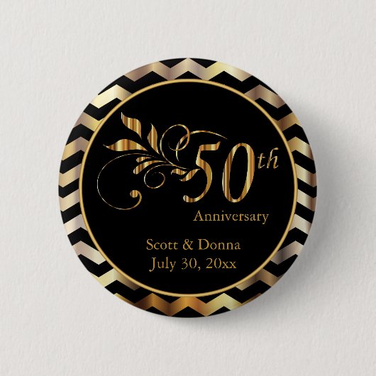 Black & Gold Zickzack 50. Hochzeitstag Button (Vorderseite)