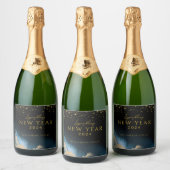 Black Golden | Aquarellfarbe Neujahr Schaumweinetikett (Flaschen)