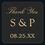 Black Golden Beige Gastgeschenk Hochzeit Vielen Da Quadratischer Aufkleber<br><div class="desc">Black Golden Beige Gastgeschenk Hochzeit Danke Ihnen Sticker,  bitte personalisieren Sie mit den Initialen des Paares und das Datum der Hochzeit,  mit der Online-Personalisierung Vorlage vor der Bestellung. Der Aufkleber ist in einem goldfarbenen Beige-Imitat (goldenes oder goldenes Aussehen) auf klassischem Schwarz gehalten.</div>