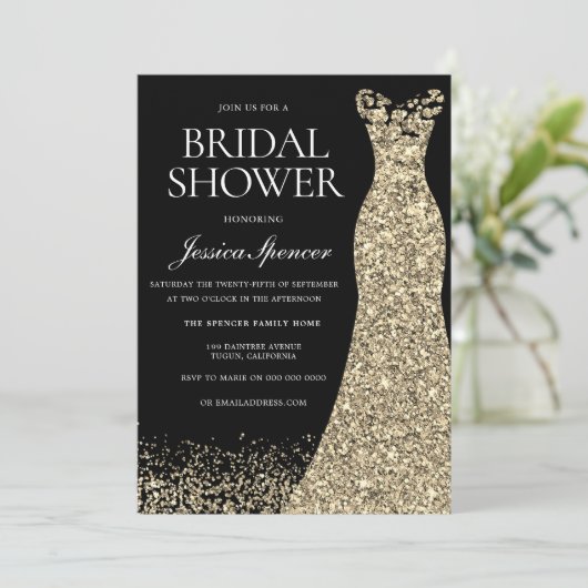 Black Golden Dress Gown Brautparty Einladung (Stehend Vorderseite)