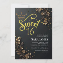 Black Golden Floral Sweet 16 Birthday
