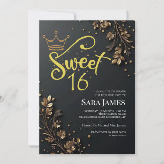 Black Golden Floral Sweet 16 Birthday Einladung