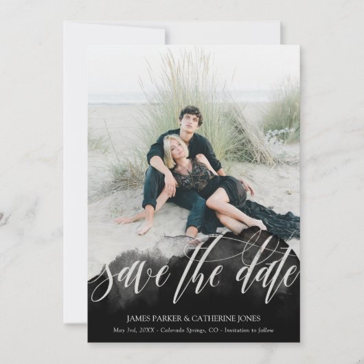 Black Gossamer Overlay Doppelseitiges Foto Rette d Save The Date (Vorderseite)