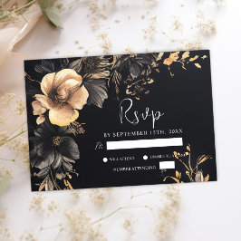 Black Gothic Floral Moody Dark Wedding RSVP Karte