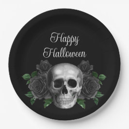Black Gothic Floral Skull Halloween Pappteller