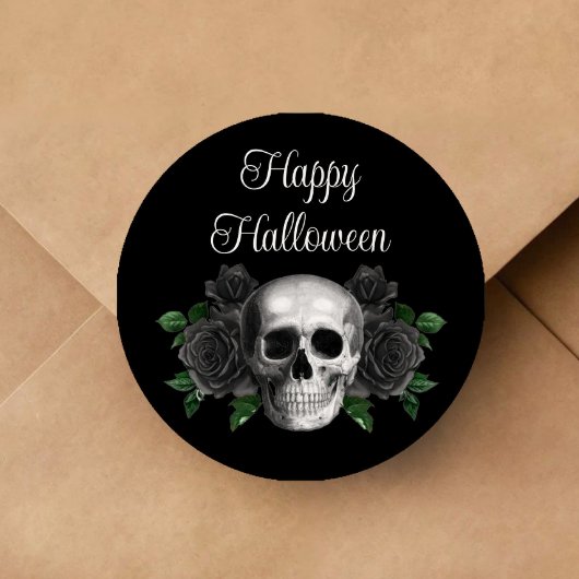 Black Gothic Floral Skull Halloween Runder Aufkleber