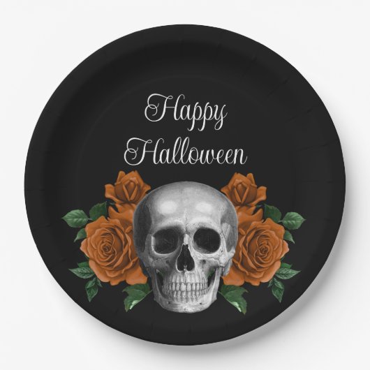 Black Gothic Floral Skull Happy Halloween Pappteller (Vorderseite)