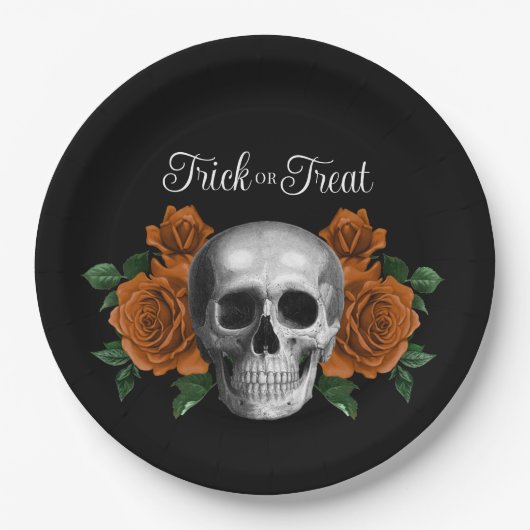 Black Gothic Floral Skull Trick Or Treat Halloween Pappteller (Vorderseite)