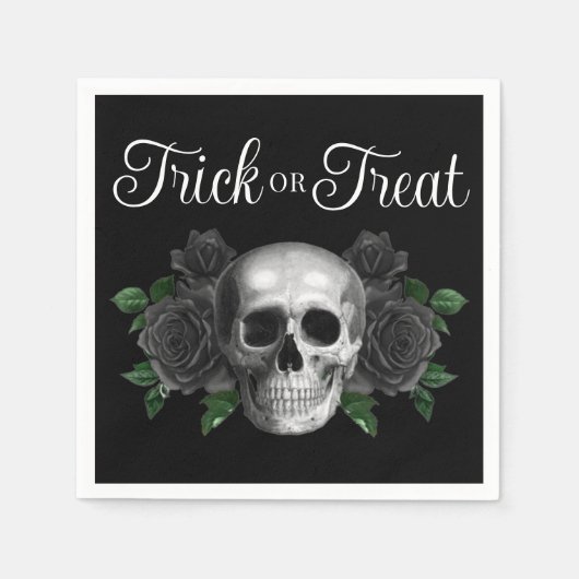 Black Gothic Floral Skull Trick Or Treat Halloween Serviette (Vorderseite)