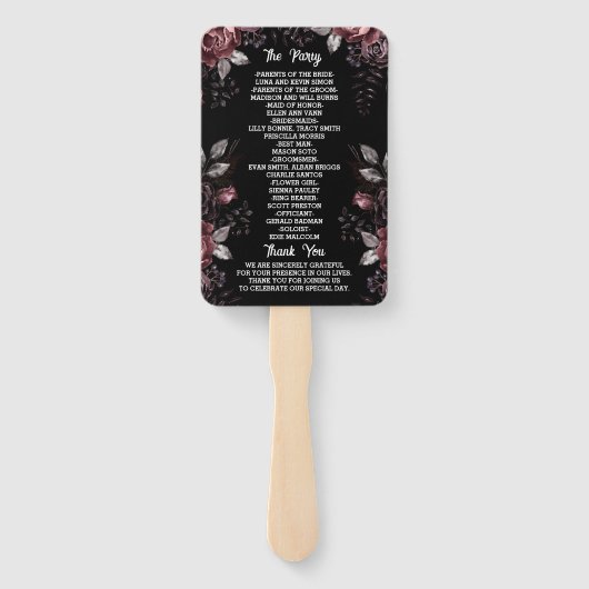 Black Gothic Floral Wedding Program Hand Fan Fächer (Rückseite)