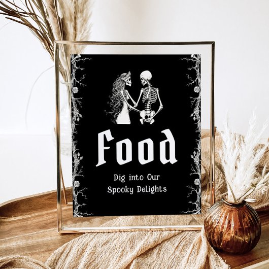 Black Gothic Halloween Spooky Skeleton Food Sign Poster