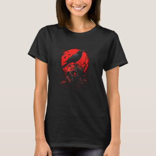 Black Gothic Raven Skull Red Moon Graphic Black Cr T-Shirt