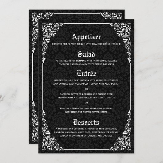 Black Gothic Viktorianisch Damask Hochzeitsmenüs Menükarte (Vorne/Hinten)